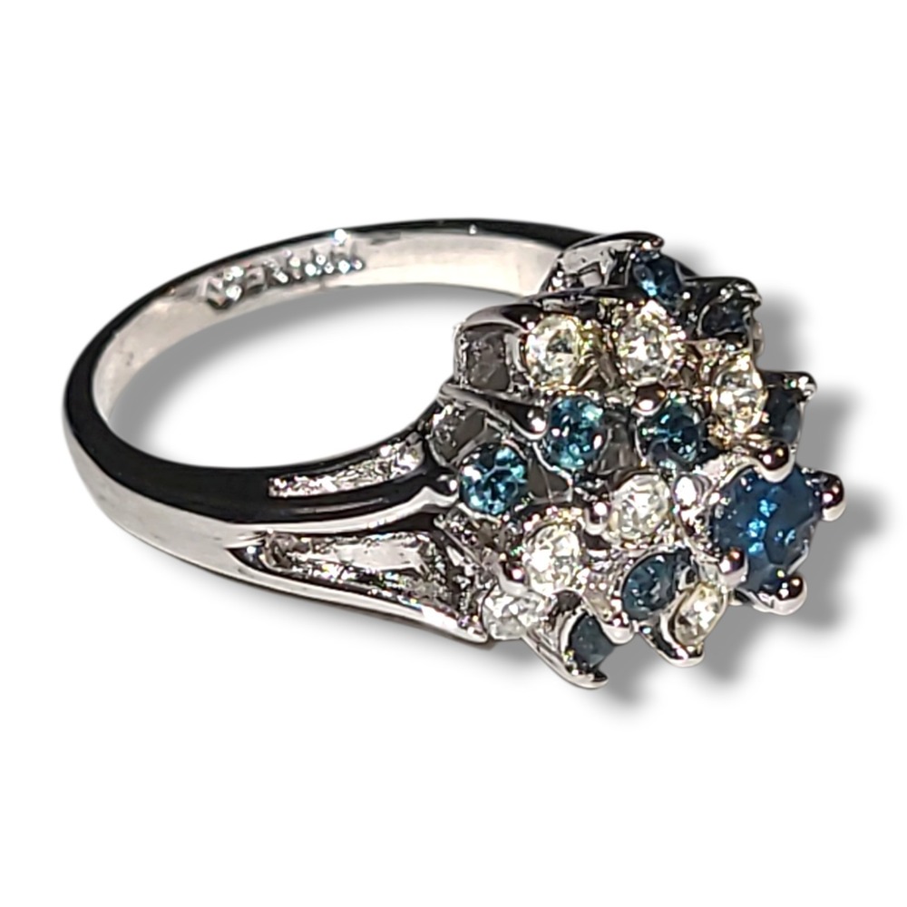 Vintage 18K HGE Blue Clear CZ Cluster Cocktail Ring White Gold Plate Sz 6